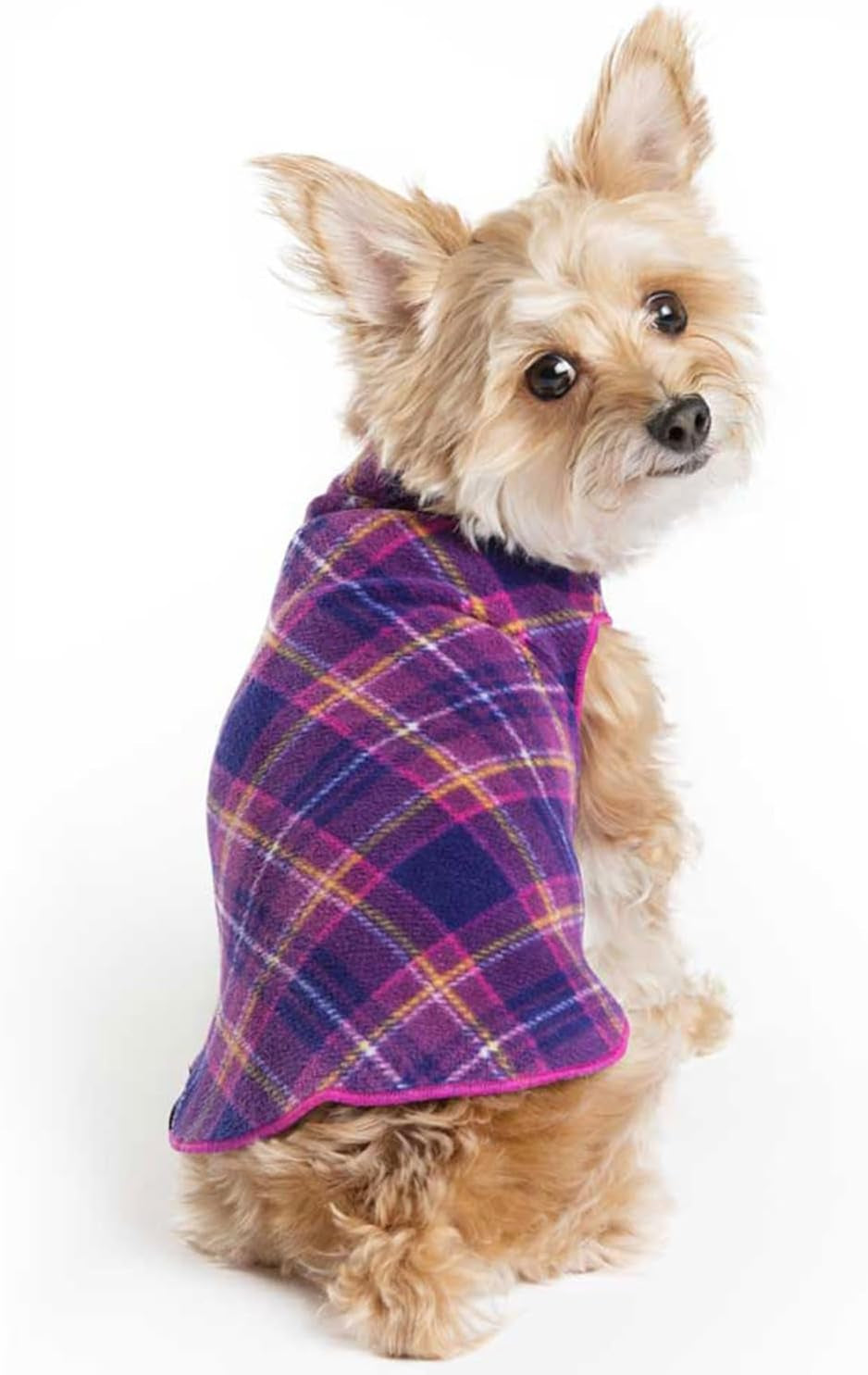 Stretch Fleece Dog Coat, Stretchy Pet Sweater, Machine Washable Pullover for Winter and Fall, Mulberry Plaid, 16