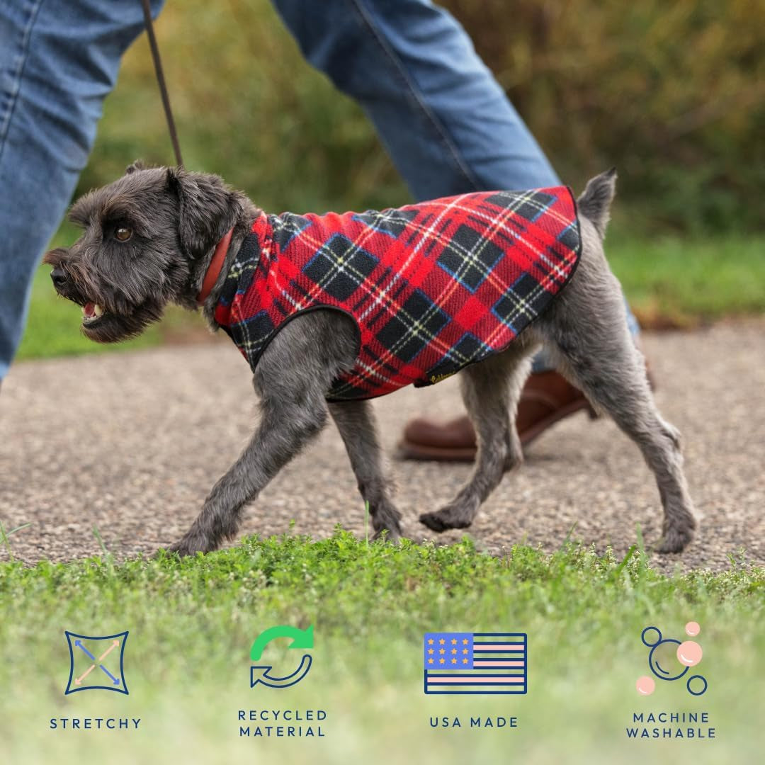 Stretch Fleece Dog Coat, Stretchy Pet Sweater, Machine Washable Pullover for Winter and Fall, Mulberry Plaid, 16